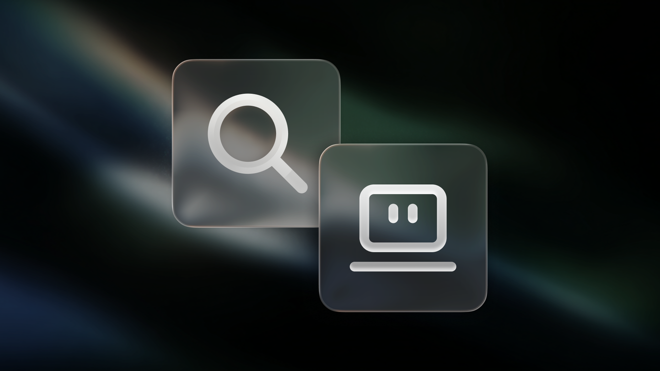 Two overlapping frosted-glass tiles on a dark background, one holding a magnifying-glass search icon and the other a computer-screen icon.