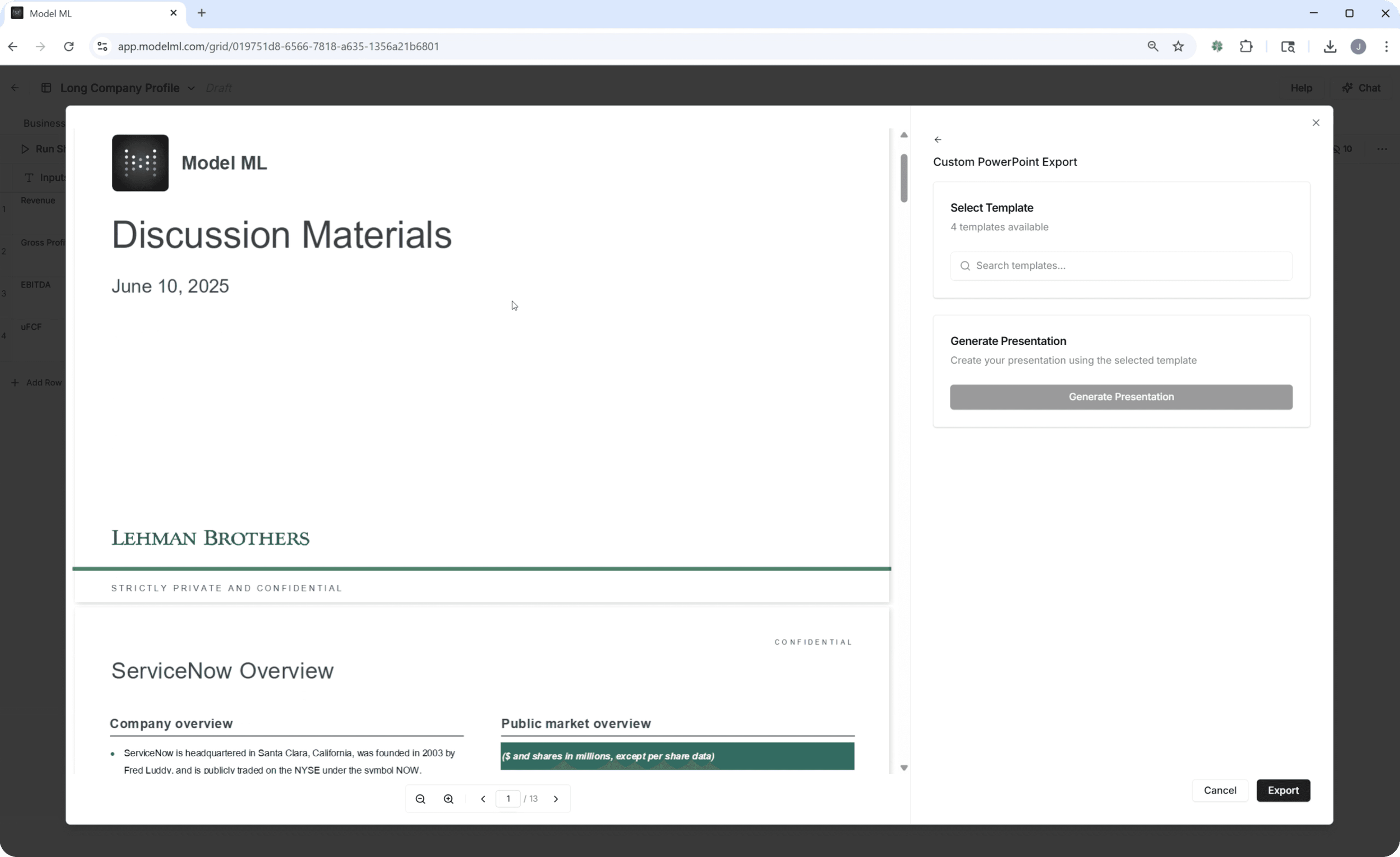 Model ML exporting discussion materials to a PowerPoint template