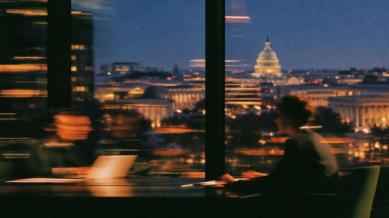 People working on laptops with the U.S. Capitol visible through a window at dusk.
