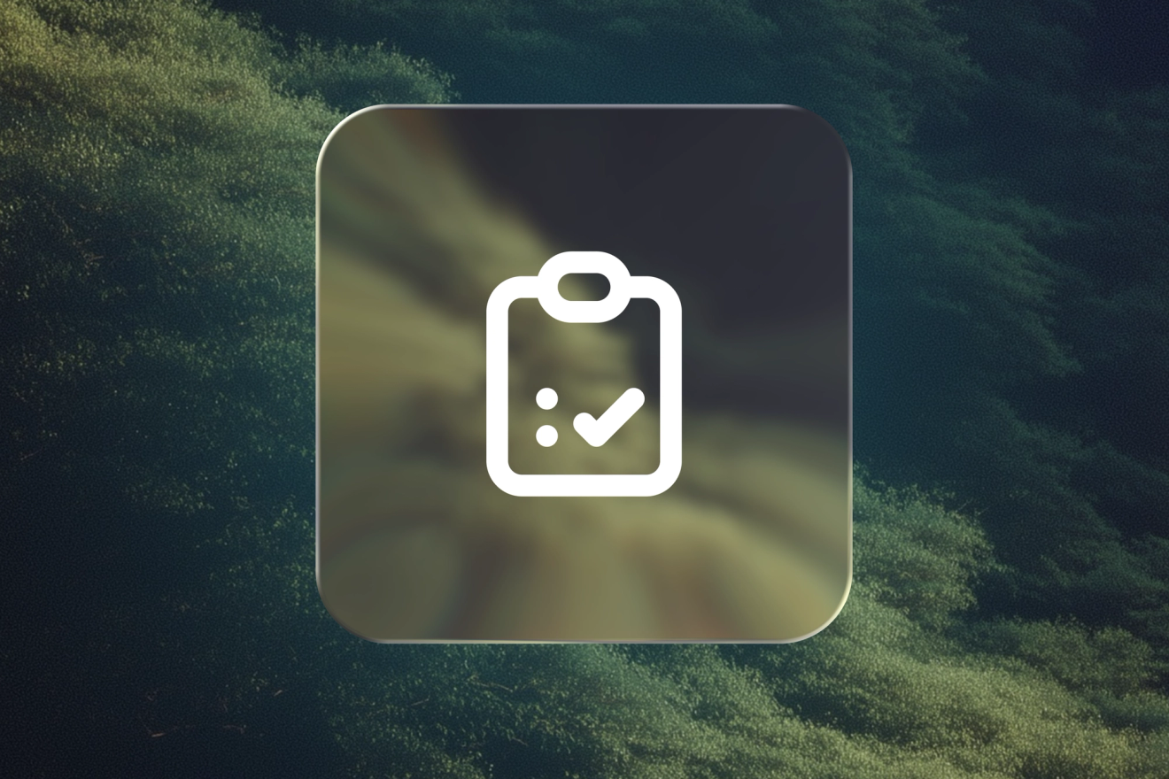 White checklist icon on a frosted-glass tile over a green landscape.