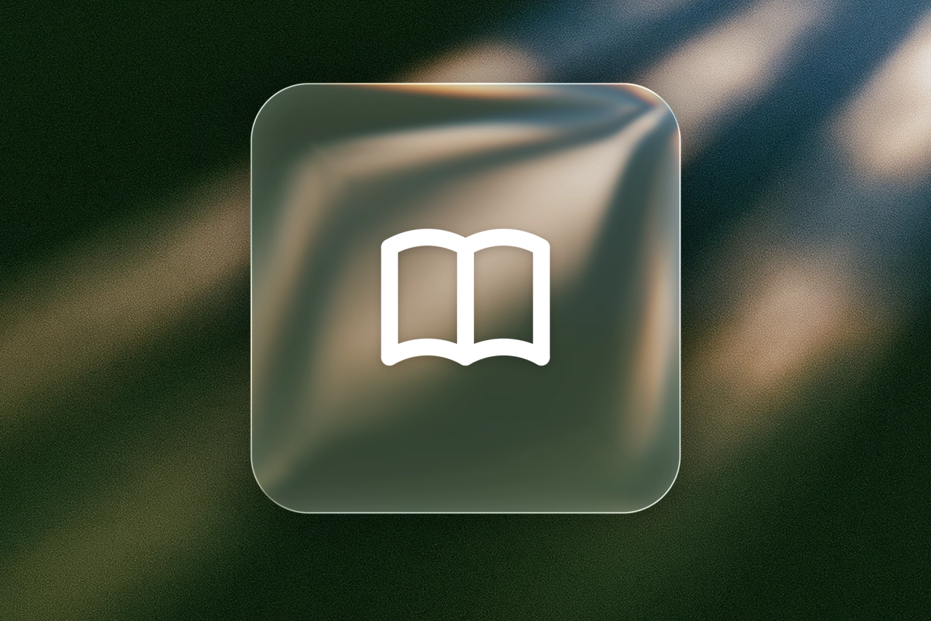 A white open book icon on a frosted-glass tile against an abstract green and blue background.
