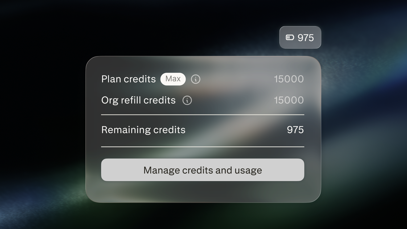 Computer credits panel showing plan credits, org refill credits, remaining credits, and a Manage credits and usage button