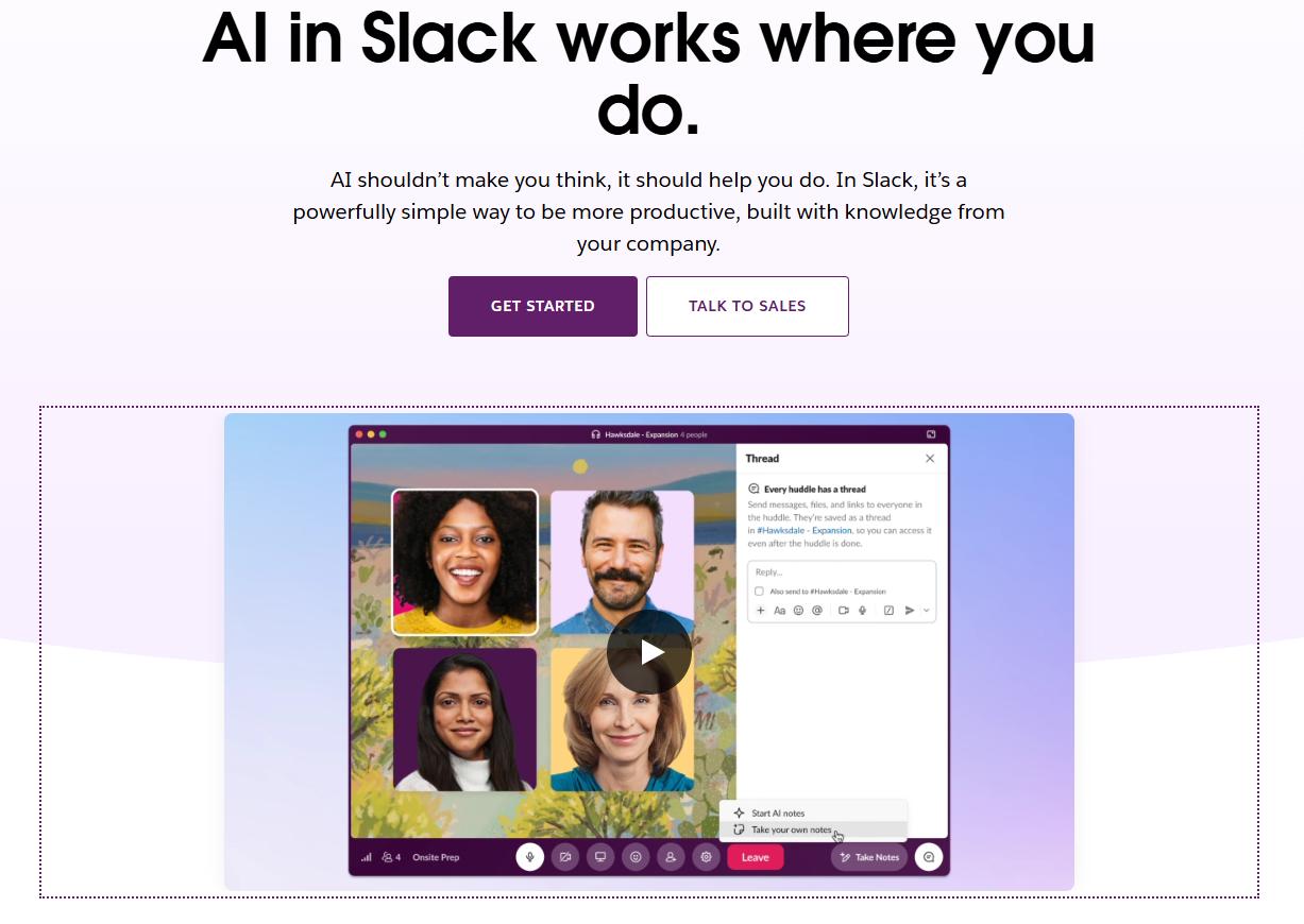 Startseite von Slack AI mit dem Text „KI in Slack funktioniert dort, wo du arbeitest“, mit einem Huddle-Videoanruf und einer von KI generierten Thread-Zusammenfassung.