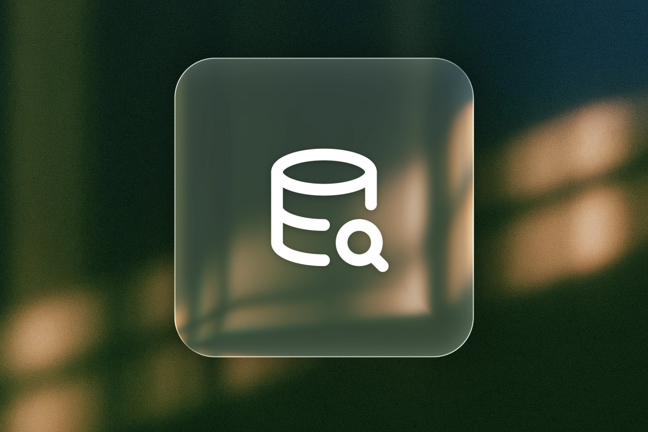 A white database and magnifying glass icon on a frosted-glass tile against blue-green light trails.