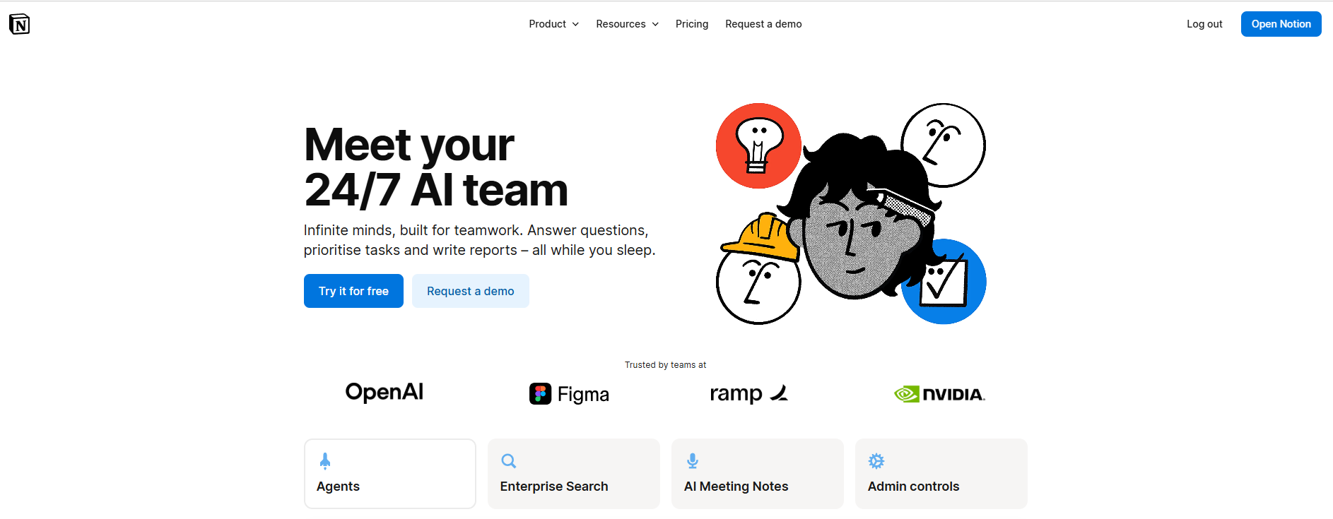 Notion homepage introducing its 24/7 AI team and workspace tools.