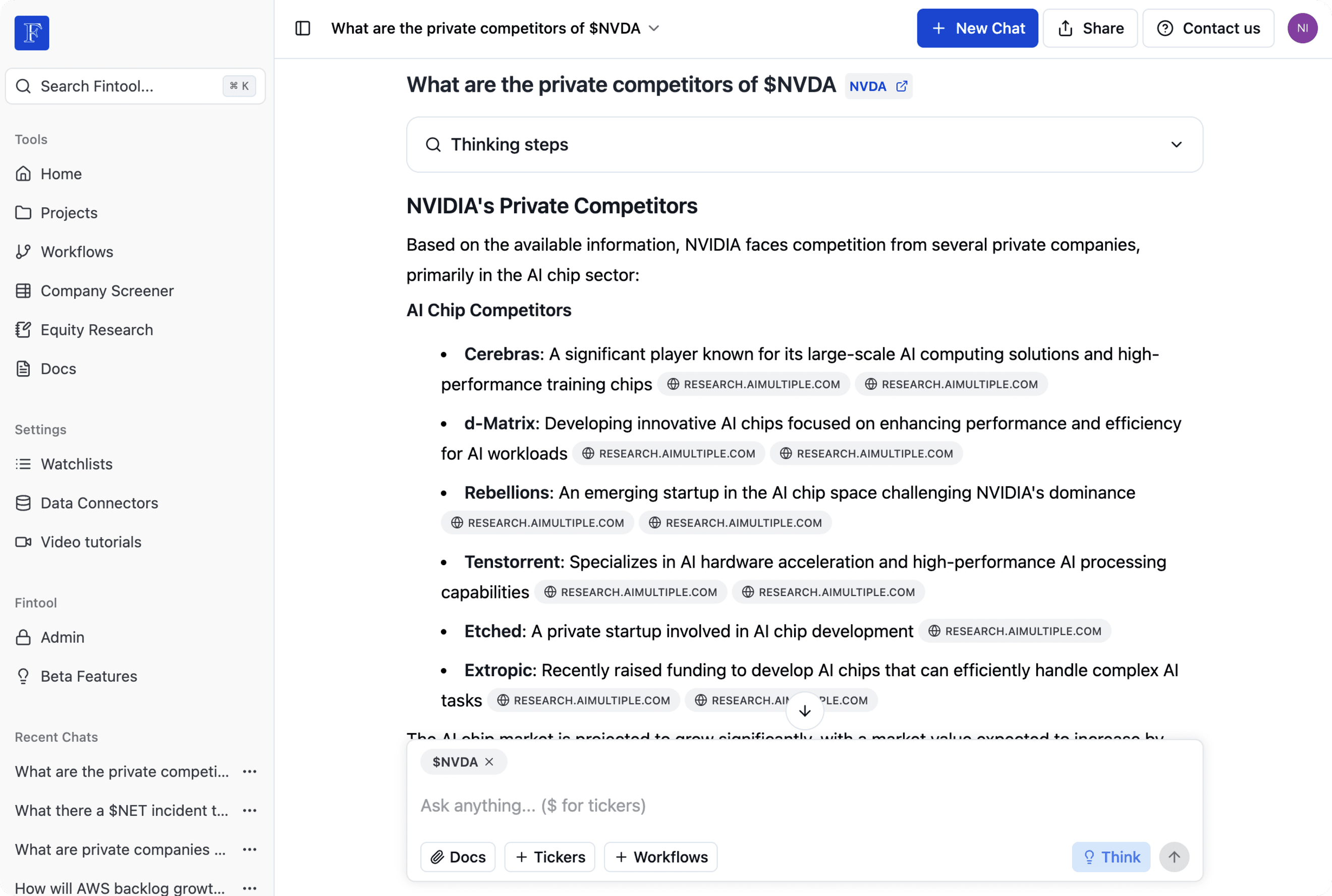 Resposta de Fintool que enumera els competidors privats de NVIDIA amb fonts citades