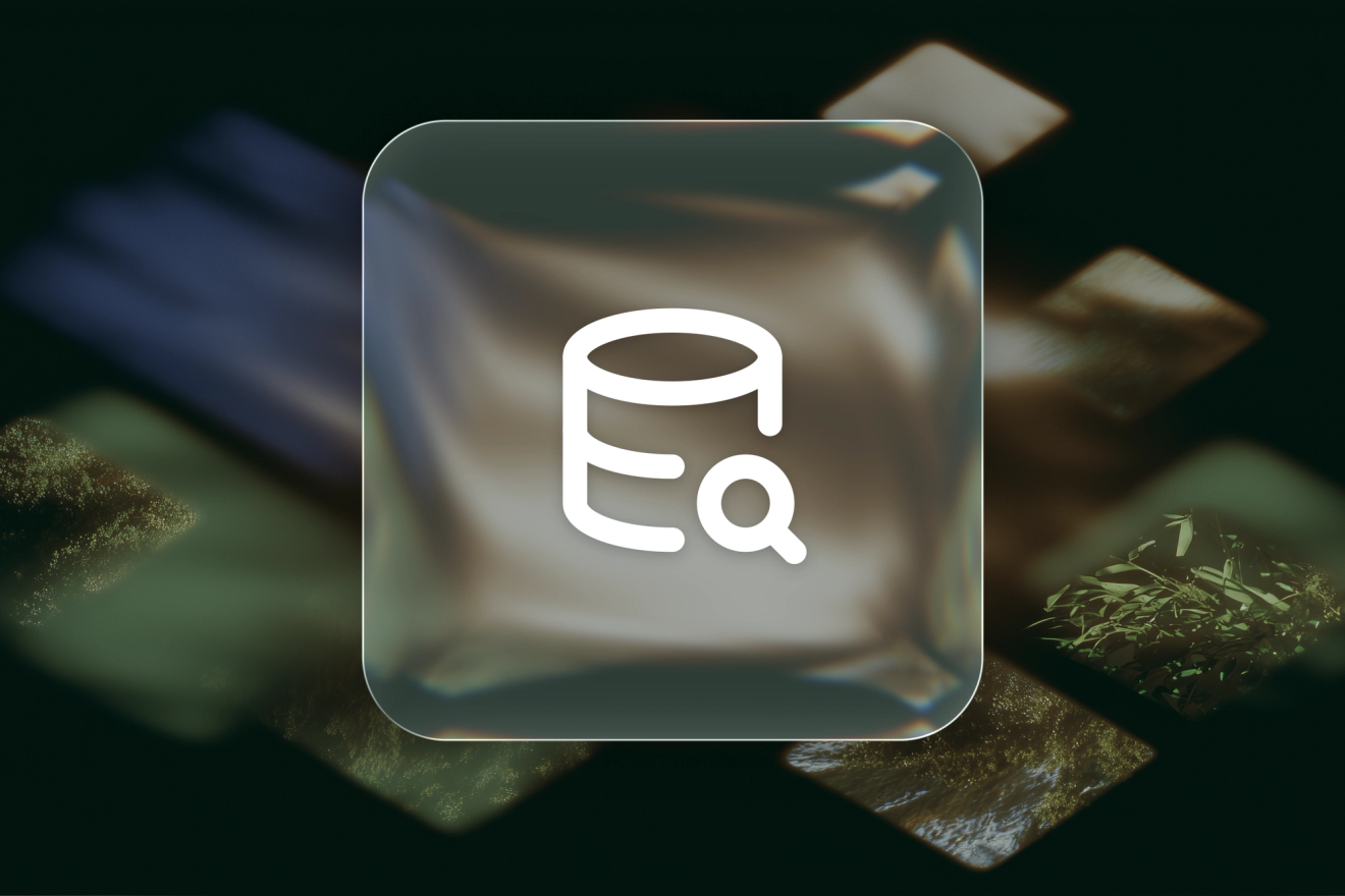 A white database icon with a magnifying glass on a frosted-glass tile, floating over blurred translucent panels on a dark, green-toned background.
