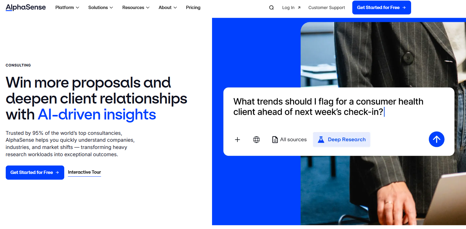 AlphaSense website highlighting AI-driven insights for consulting proposals and client relationships.