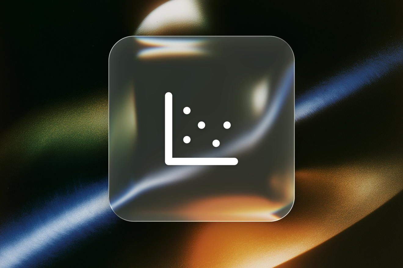 A white scatter-plot icon with five dots on a frosted-glass tile, floating over a dark, blurred background with blue, green, and amber light.
