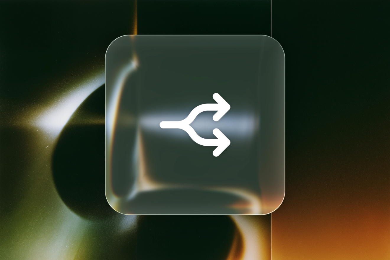 A white branching-arrow routing icon on a frosted-glass tile over a dark, blurred background with green and amber light.
