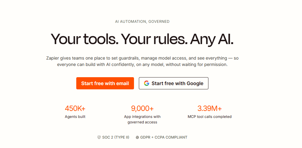 Zapier homepage introducing AI-powered automation across connected apps.