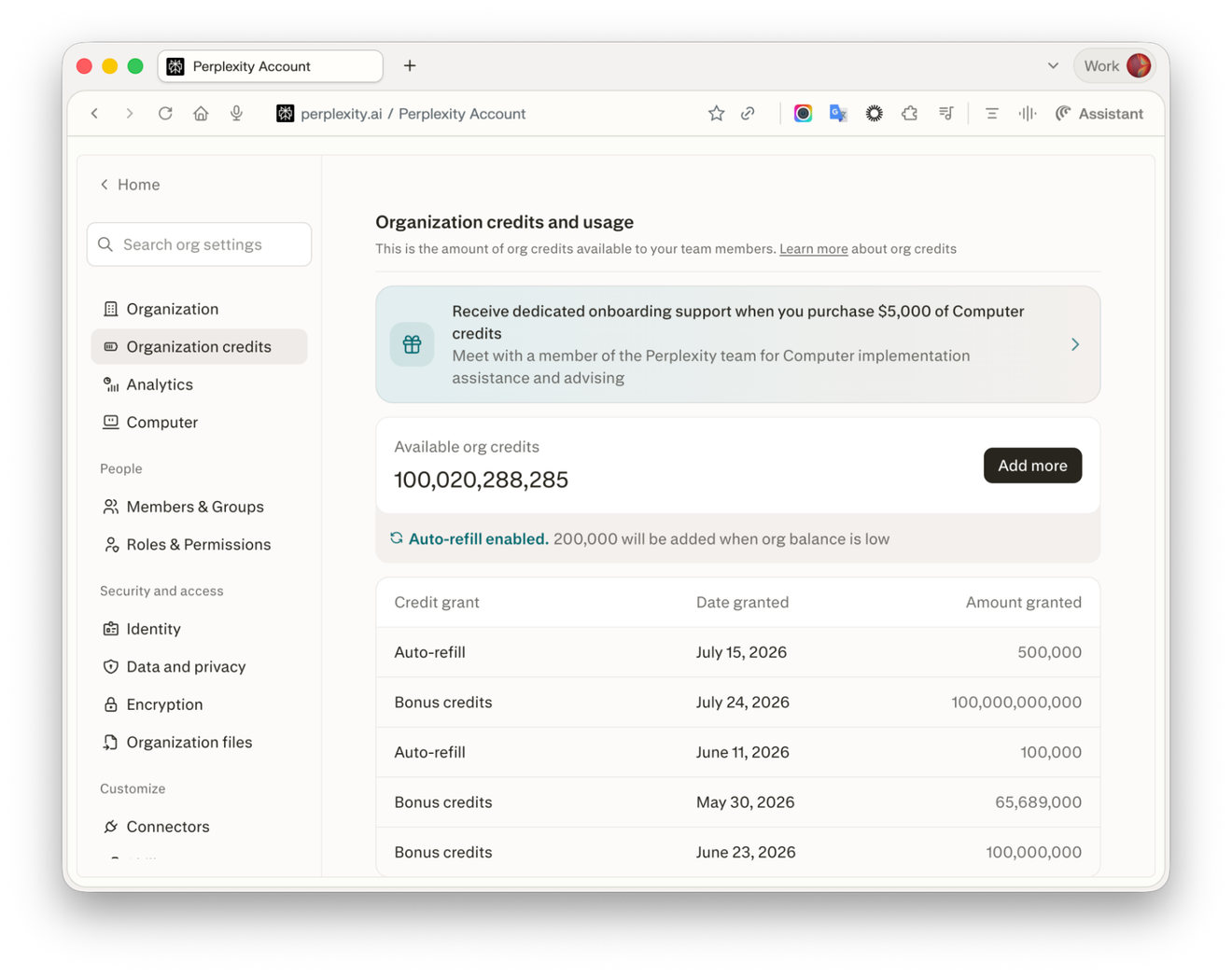 Perplexity Organization credits and usage page showing available org credits, auto-refill status, and a list of credit grants with dates and amounts
