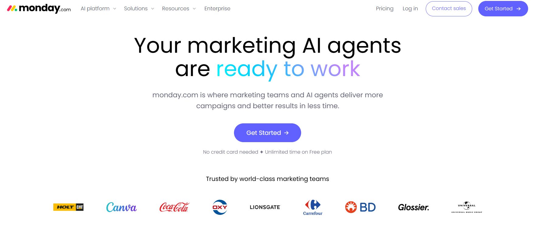 Startseite von Monday.com mit dem Text „Deine Marketing-KI-Agenten sind einsatzbereit“, mit Logos von Kundenmarken.