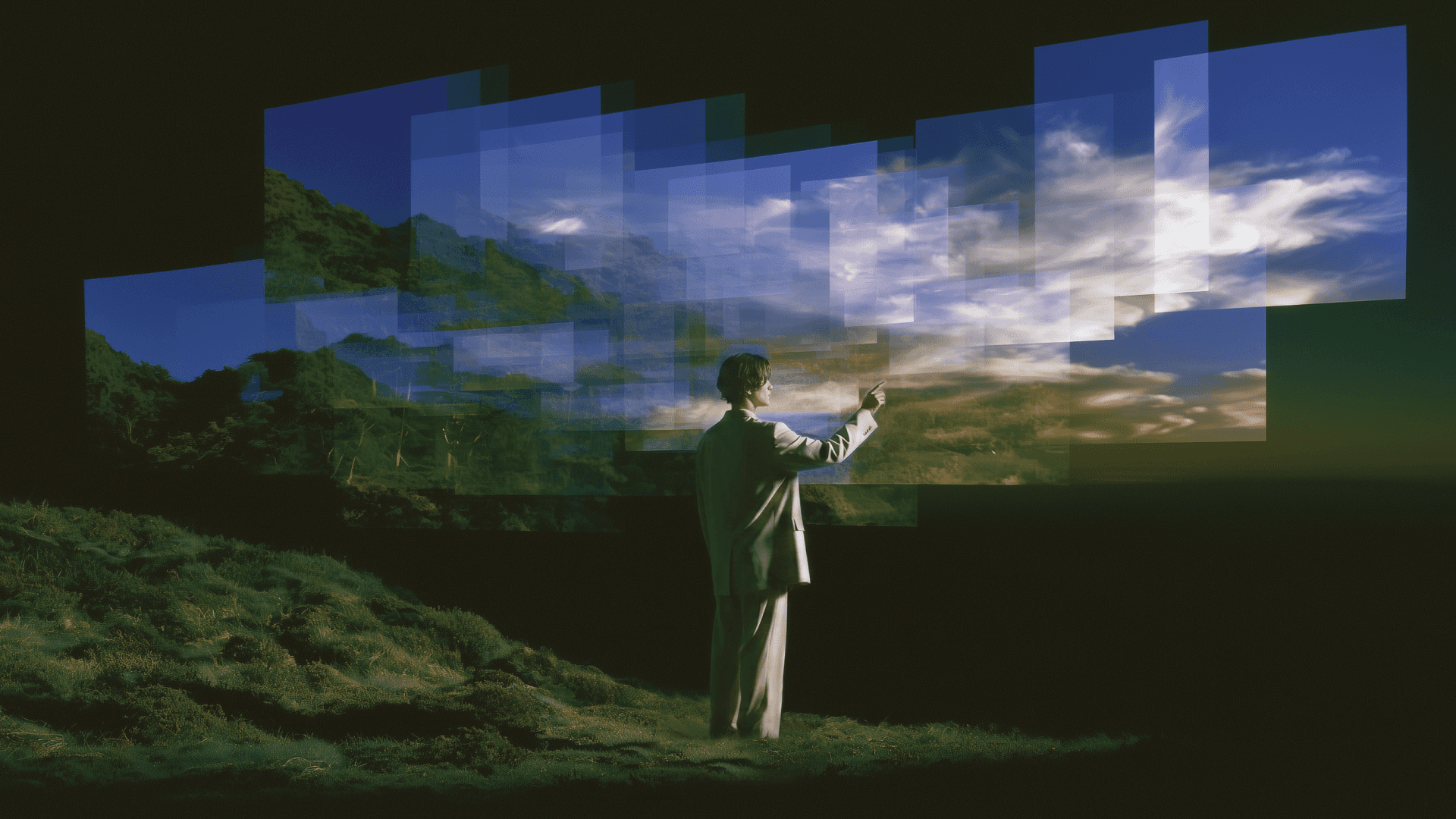 Official Perplexity blog art for the Spaces are now Projects announcement showing a person in a suit pointing at a wall of overlapping translucent sky and mountain panels