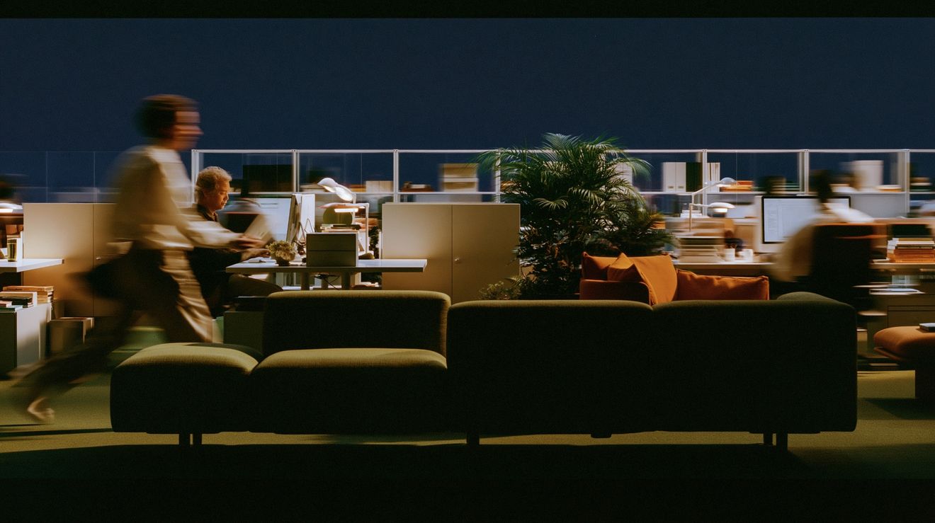 A dimly lit modern office at night where a motion-blurred figure walks past low green sofas, desks with lamps, and a colleague seated at a monitor.