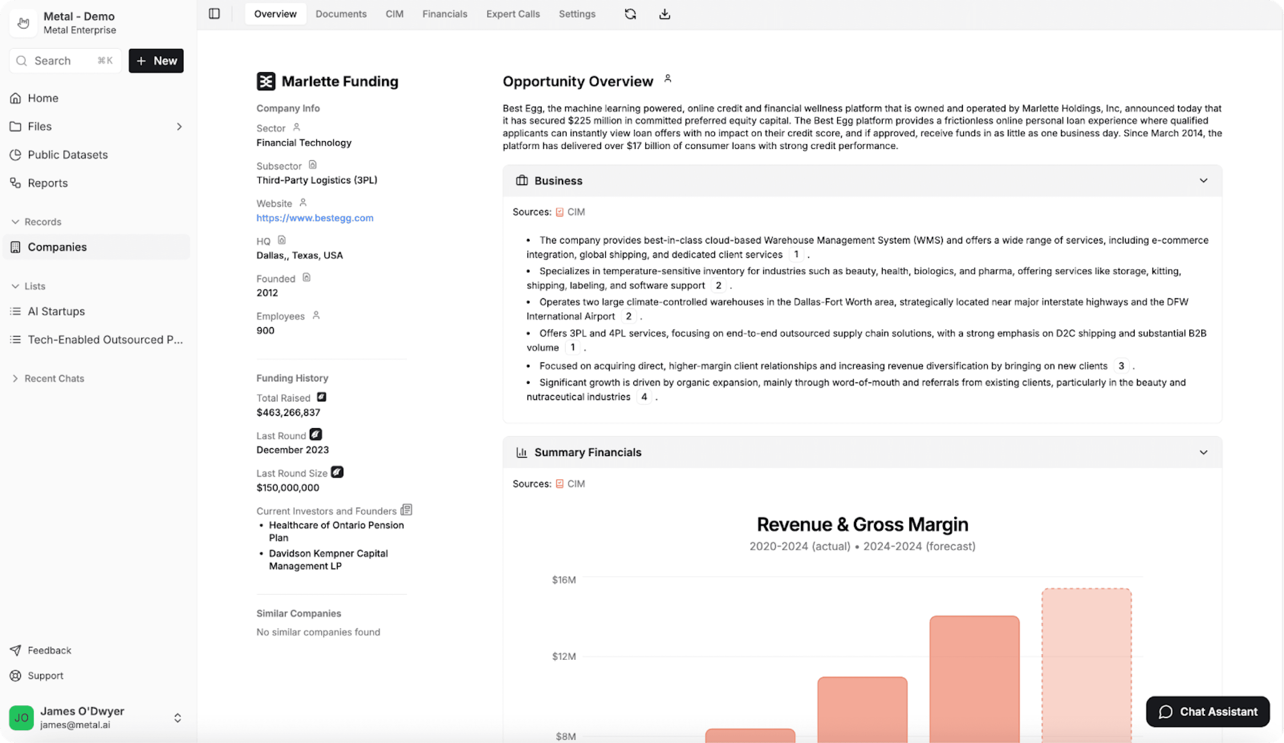 Metal company profile with an opportunity overview and revenue chart