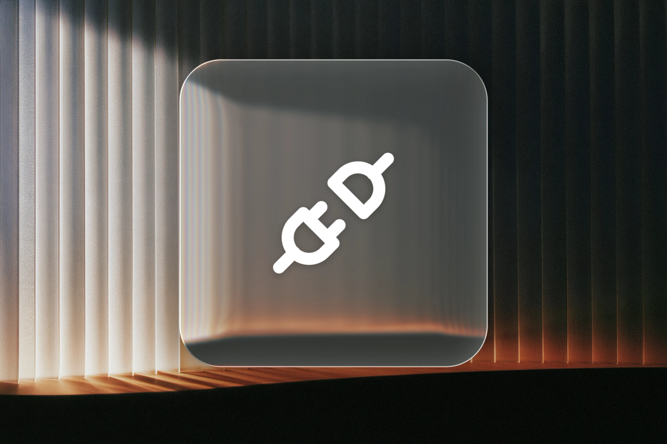 A white connected plug icon on a frosted-glass tile against a striped architectural background.