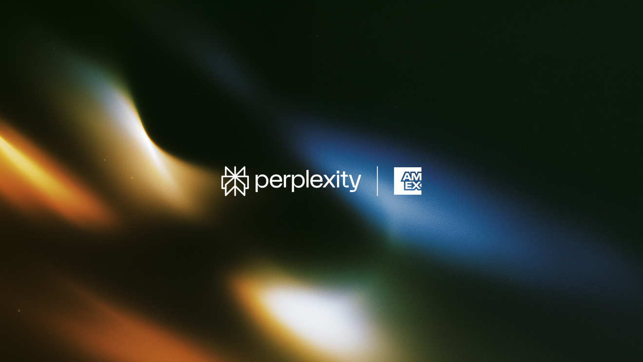 Perplexity and American Express logos side by side on a dark background with soft blue and gold light.