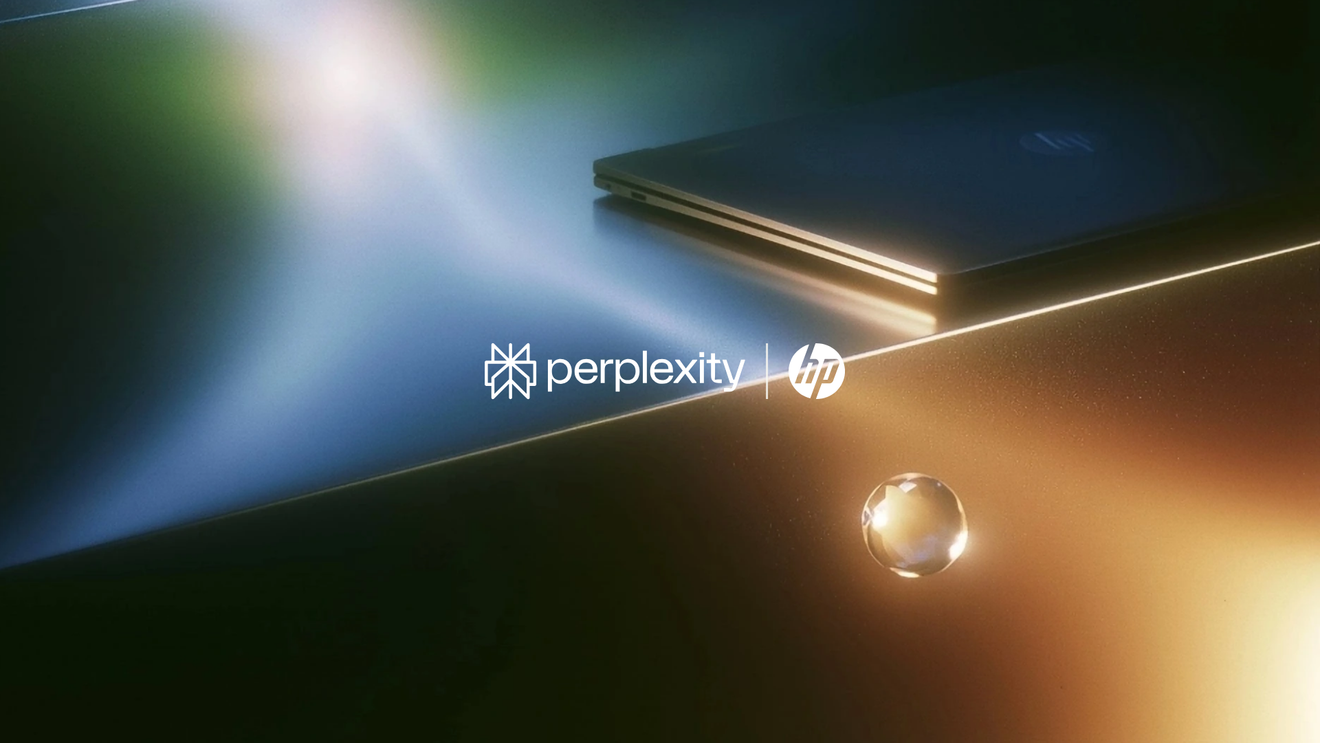 A closed HP laptop rests on a reflective surface amid blue and gold light, with the Perplexity and HP logos centered in the foreground.