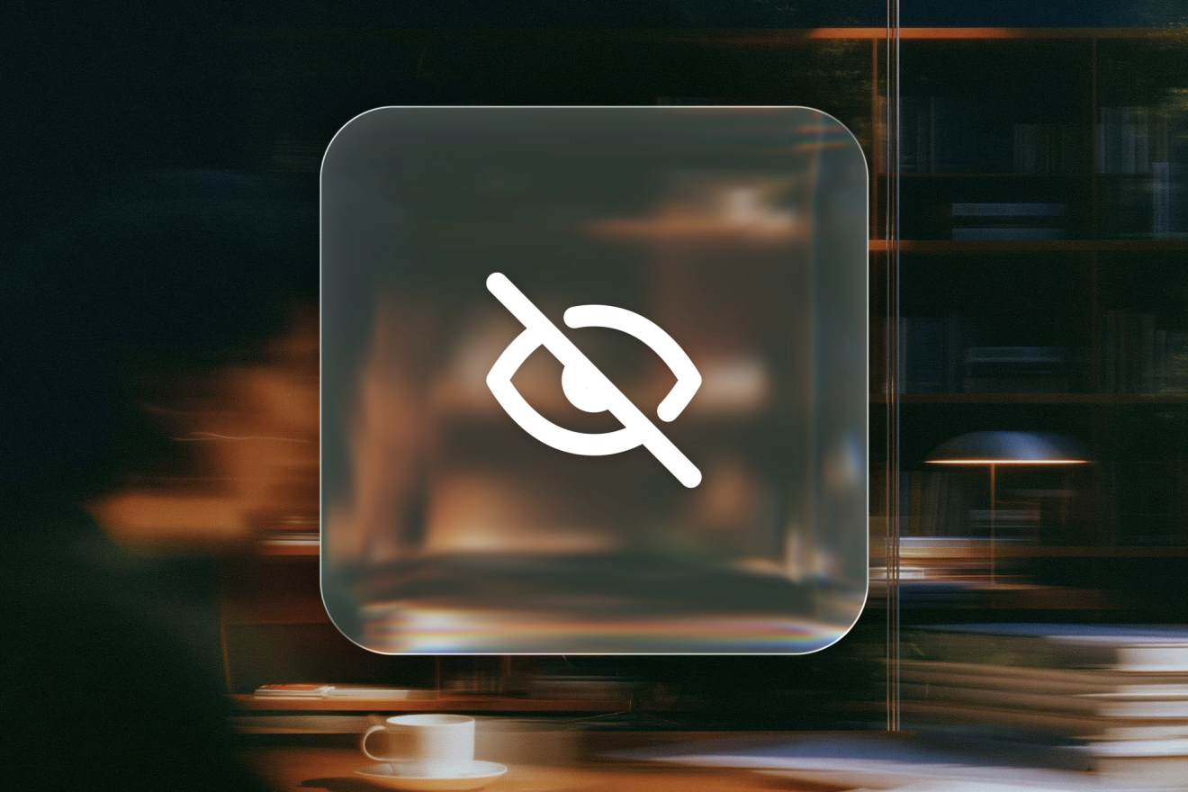 A white crossed-out eye icon on a frosted-glass tile against a blurred dark green and amber background.
