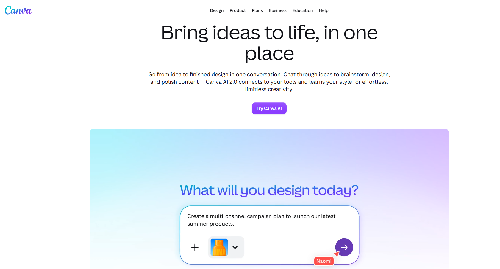 Canva homepage showing its conversational AI design prompt.