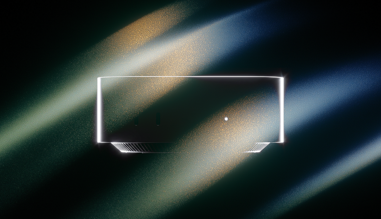 A floating, silvery metallic Mac mini against a black background, featuring intertwined loops and a small grid of glowing blue squares.