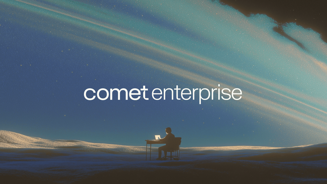 Illustration of a person working on a laptop at a desk in a vast, otherworldly night landscape with sweeping teal and gold aurora-like bands across the sky, with the white text “comet enterprise” centered above.