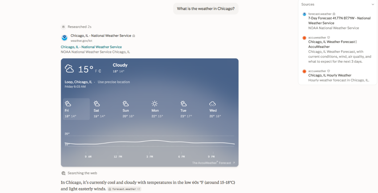 Perplexity beantwortet die Frage „Wie ist das Wetter in Chicago?“ mit einer Live-Wetterkarte und zitiert Quellen wie den National Weather Service und AccuWeather.