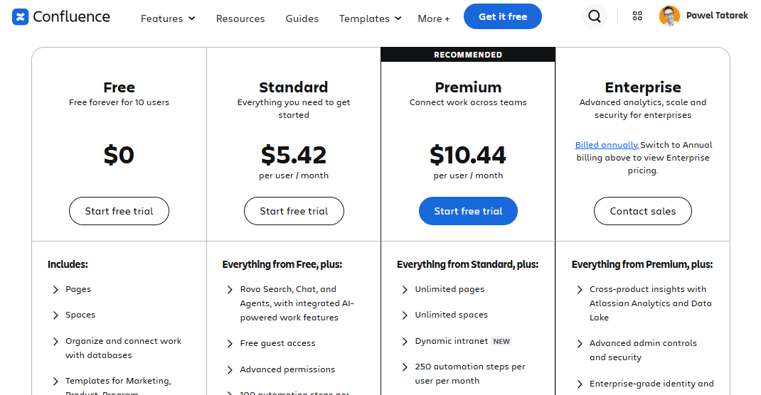Confluence-Preispläne: Free, Standard bei 5,42 $, Premium bei 10,44 $ und Enterprise.