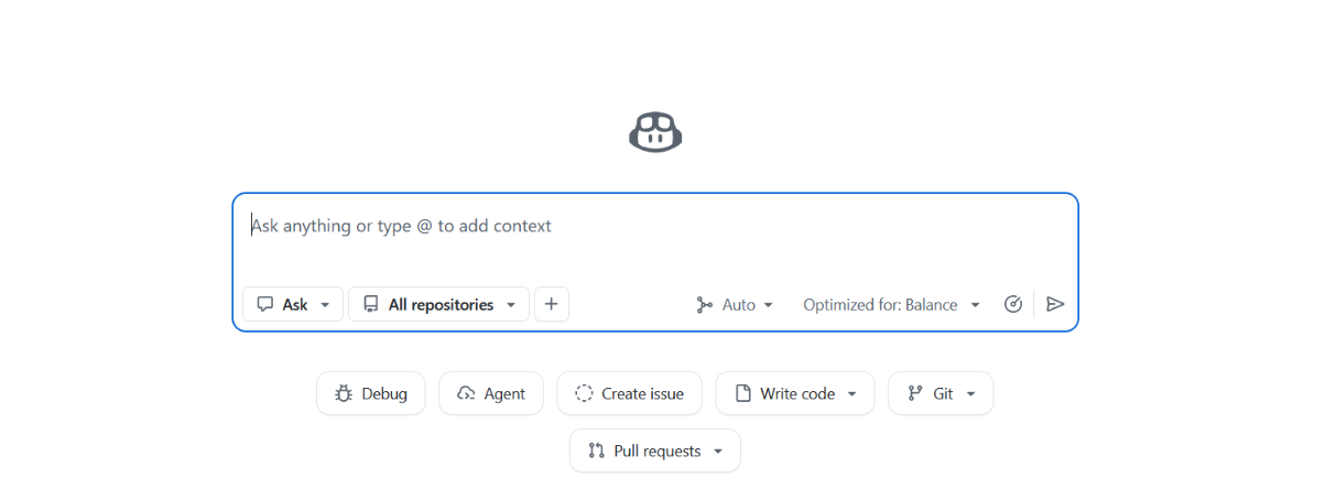 GitHub Copilot Chat-Eingabe mit Optionen zum Durchsuchen aller Repositories, zum Debuggen, Schreiben von Code, Erstellen von Issues und Verwalten von pull requests.