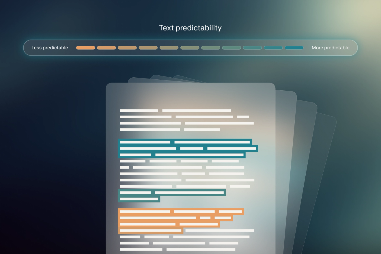 A document with highlighted passages beneath a scale showing text from less to more predictable.