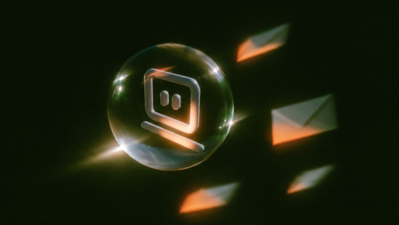 Glass Computer icon surrounded by glowing envelope shapes on a dark green background.