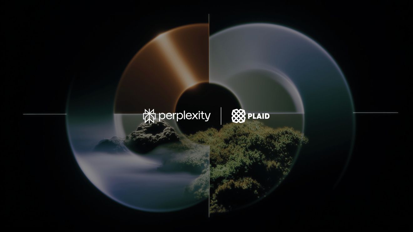 Perplexity and Plaid partnership logo featuring stylized glowing circular rings, logos, misty mountains, and foliage on a dark background.