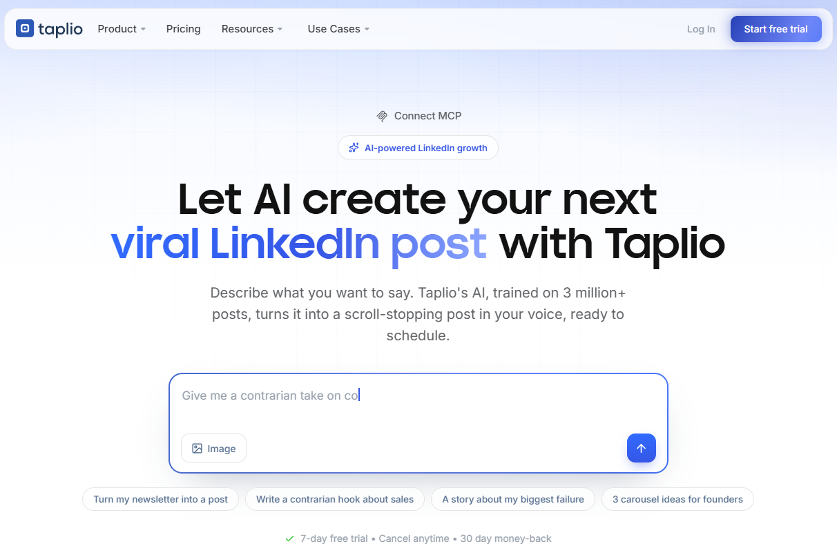 Taplio webpage showing an AI-assisted LinkedIn post creation prompt.