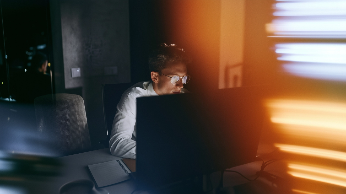 A finance professional works at a computer in a dimly lit office.