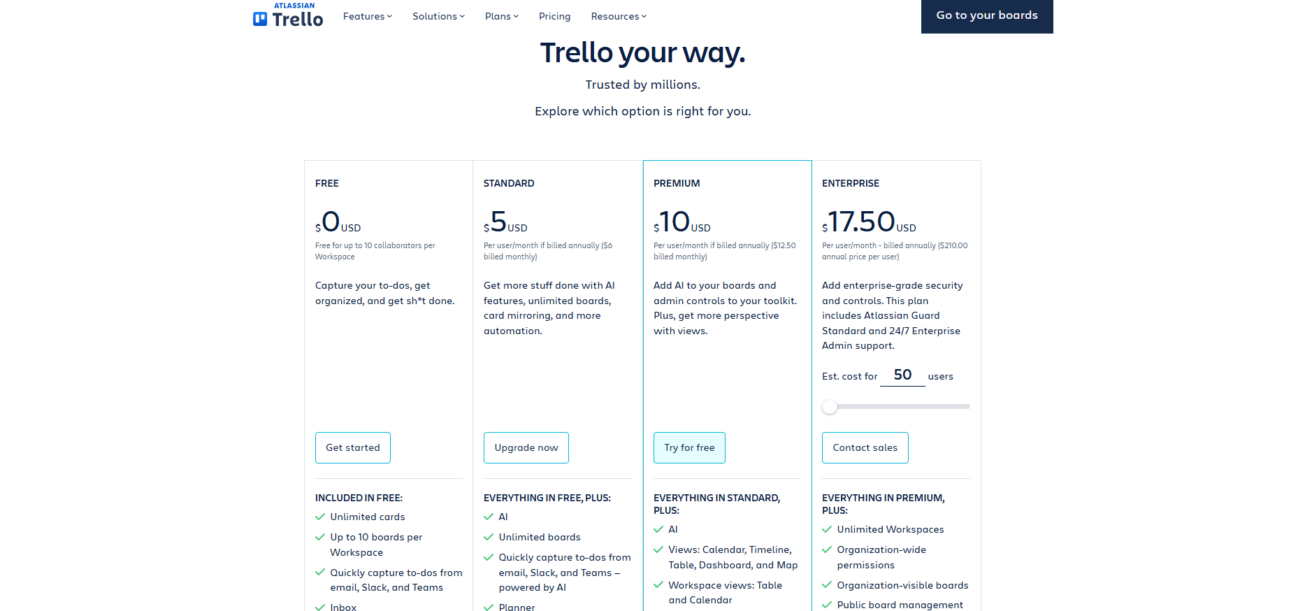 Trello-Preispläne: Free, Standard bei 5 $, Premium bei 10 $ und Enterprise bei 17,50 $.