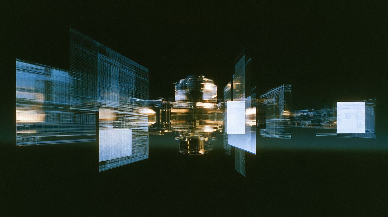 A futuristic glowing data hub floats in a dark space, surrounded by translucent blue interface panels and technical schematics.