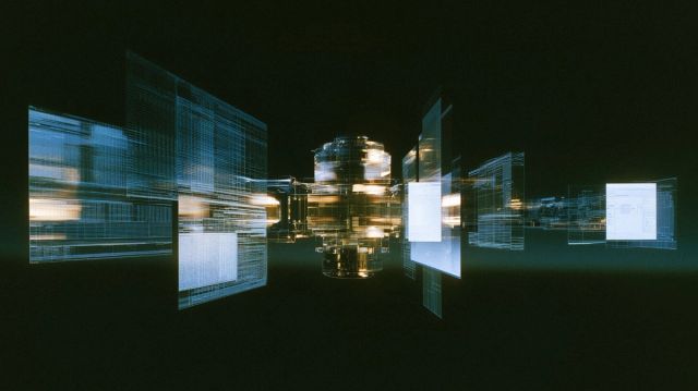 A futuristic glowing data hub floats in a dark space, surrounded by translucent blue interface panels and technical schematics.