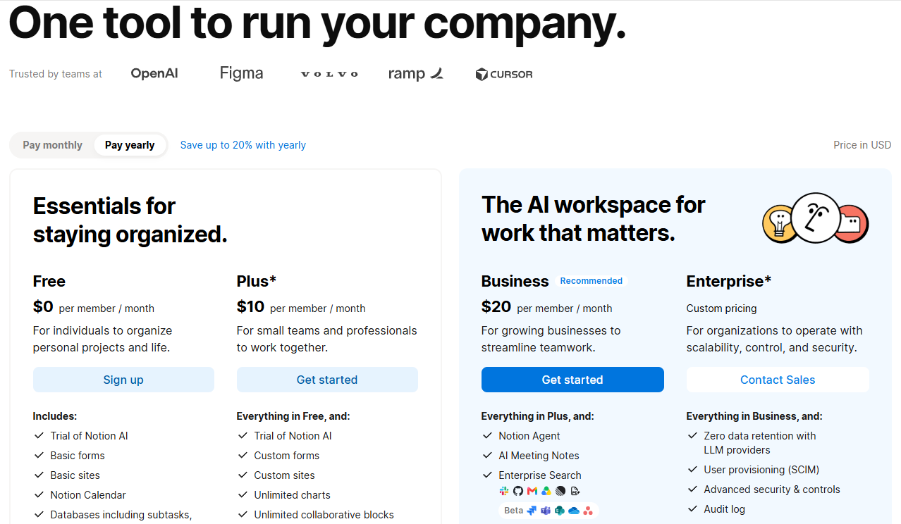 Notion-Preispläne: Free, Plus bei 10 $, Business bei 20 $ mit Notion Agent und KI-Besprechungsnotizen sowie Enterprise.