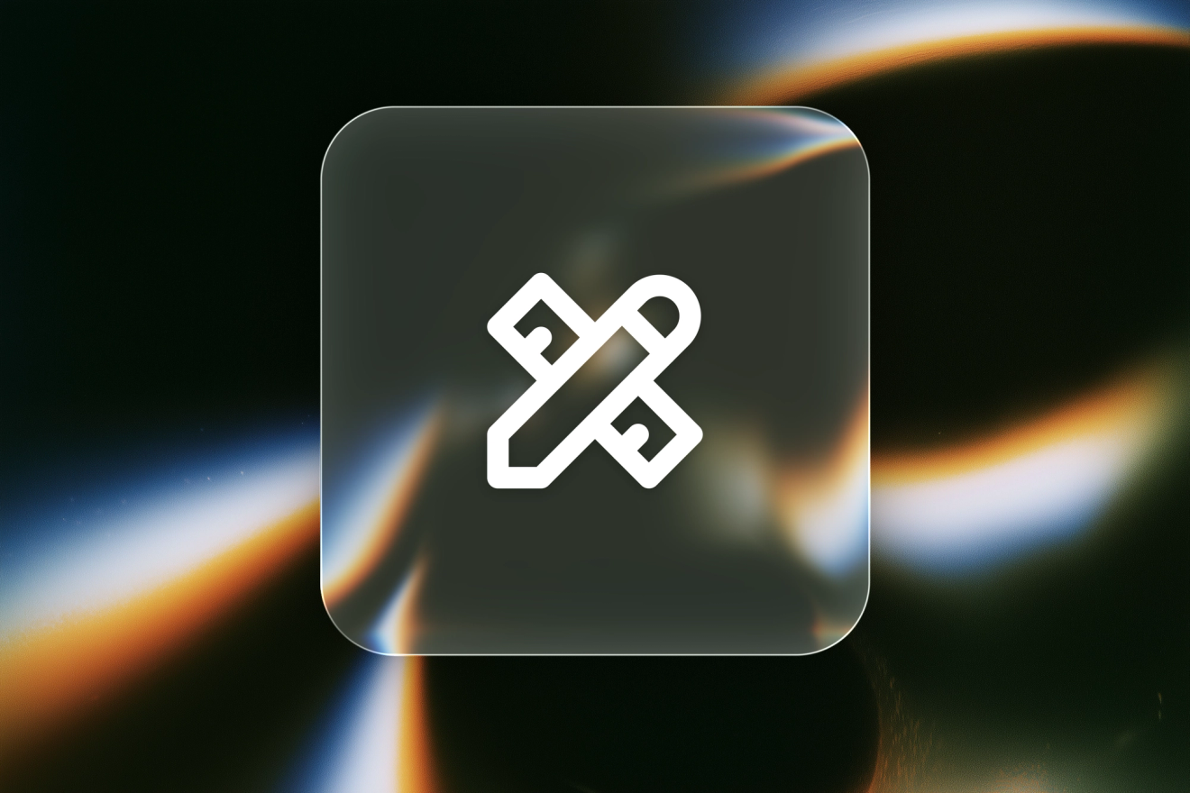 A white crossed pencil-and-ruler icon on a frosted-glass tile against blue-and-amber curved reflections.