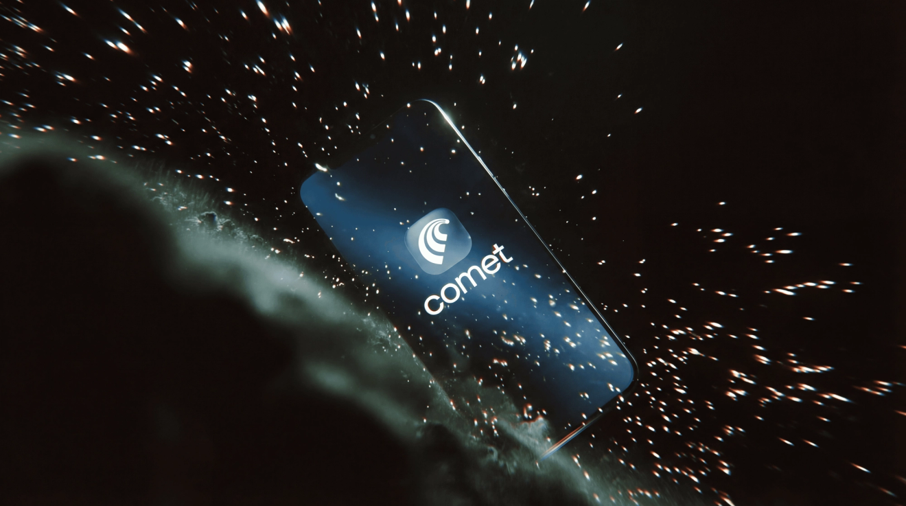 A smartphone floating in a dark, space‑like environment with bright particle streaks around it, displaying the Comet app logo and the word “comet” on its screen.