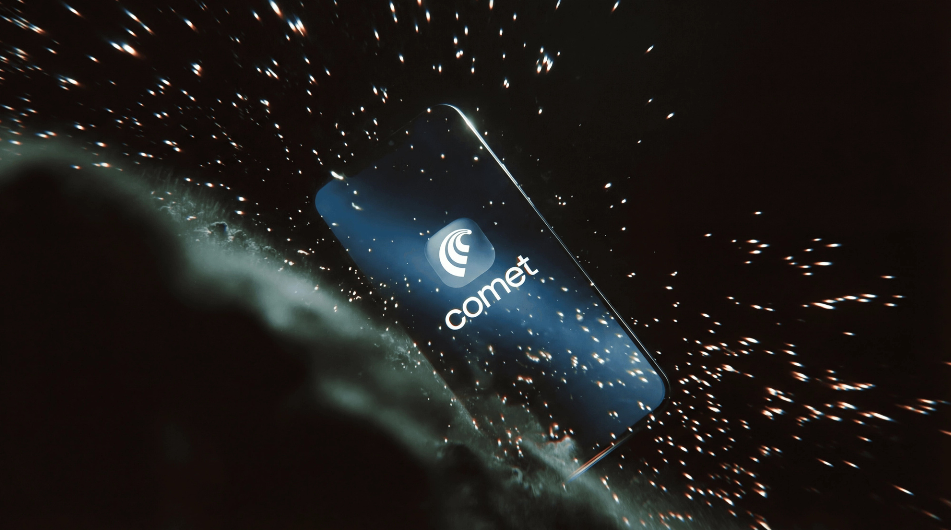 A phone displaying the Comet browser app logo against a dark, spark-filled background, marking Perplexity's Comet launch on iOS.