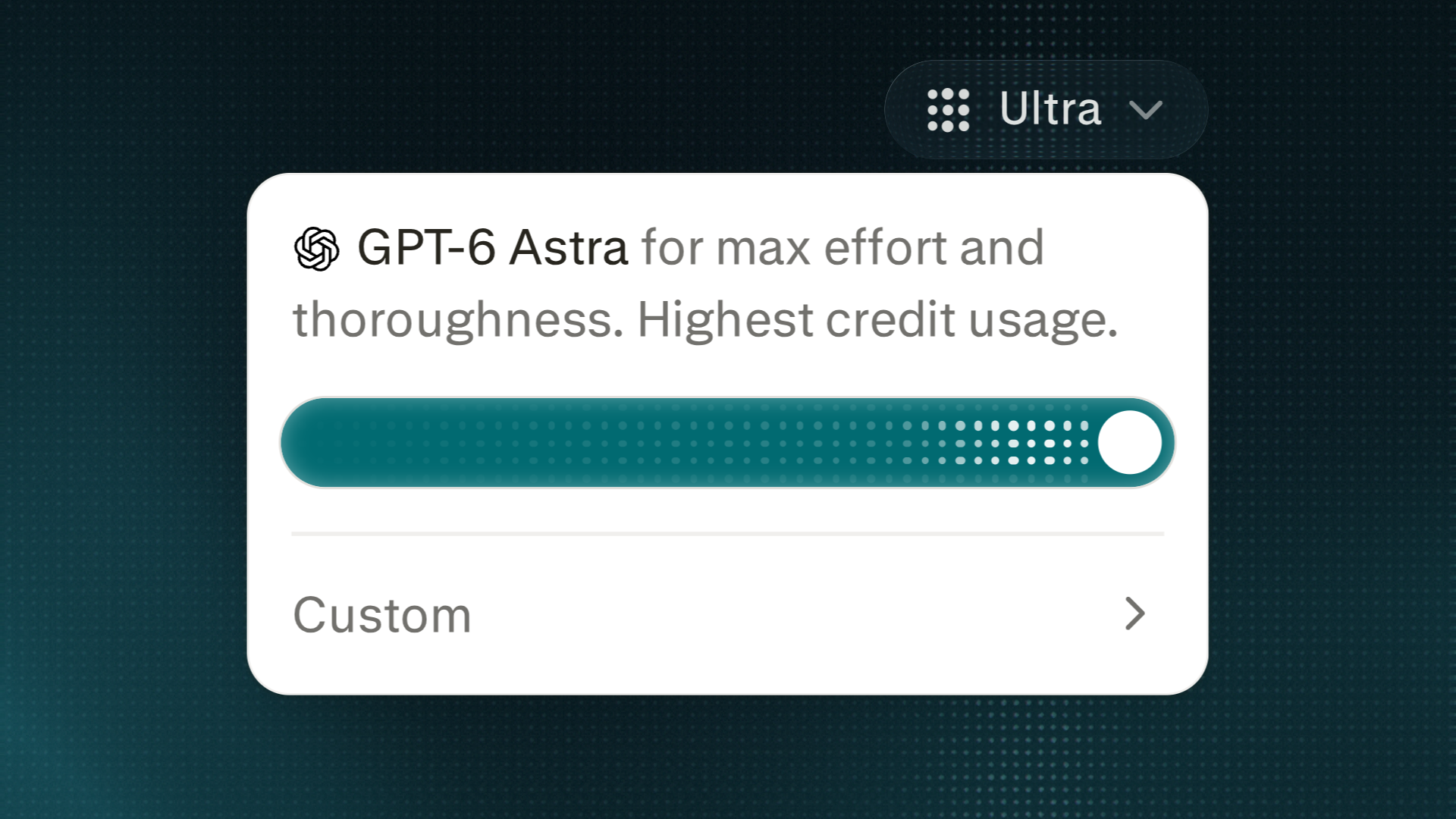 Der Ultra-Aufwandsmodus ist ausgewählt, wobei GPT-6 Astra auf maximalen Aufwand und Gründlichkeit eingestellt ist.