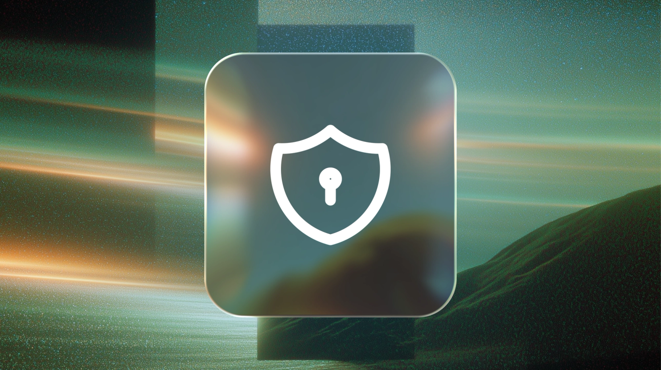 A white shield and keyhole on a translucent glass tile against a teal landscape.