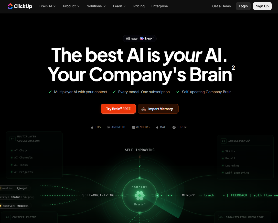 Startseite von ClickUp Brain² mit dem Text „Die beste KI ist deine KI. Das Brain deines Unternehmens.“
