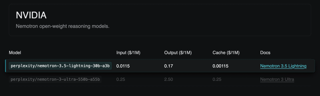 Táboa de modelos da API de axentes de Perplexity que mostra os prezos de NVIDIA Nemotron 3.5 Lightning e a ligazón á documentación.