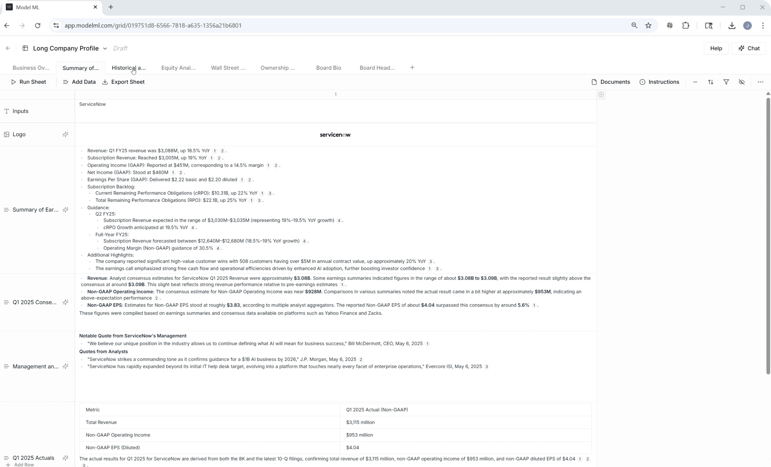 Model ML earnings summary for ServiceNow with cited figures