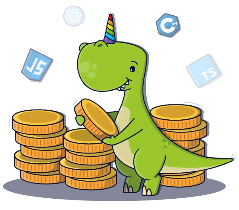OfferZen dinocorn mascot with gold coins