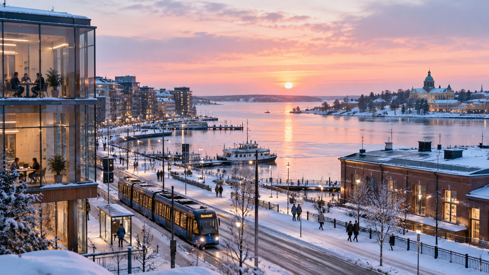 A Nordic harbour city on a winter morning, with modern waterfront buildings, a tram on the street and soft pink light over the sea.