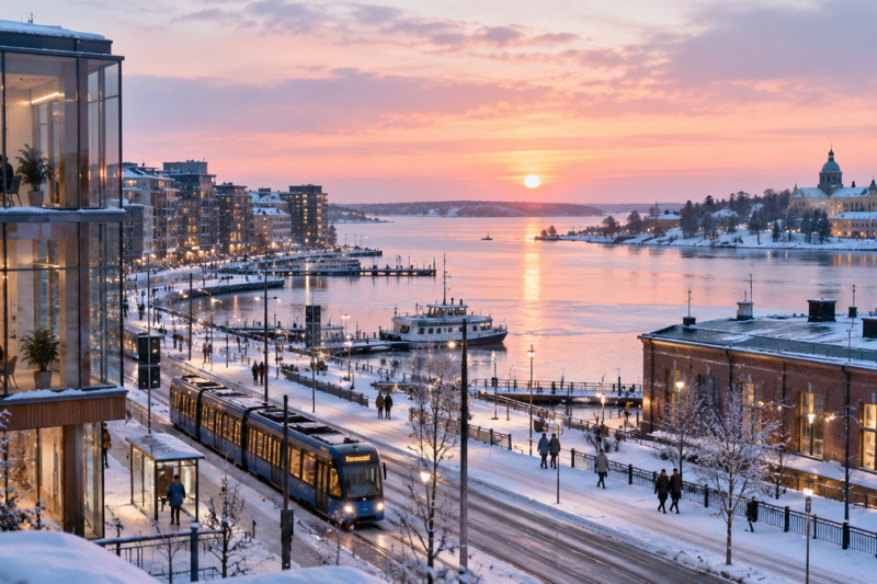 A Nordic harbour city on a winter morning, with modern waterfront buildings, a tram on the street and soft pink light over the sea.